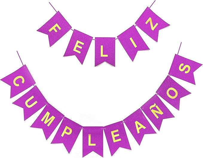 Banner Feliz Cumpleaños Glitter Morado con Letras en Dorado