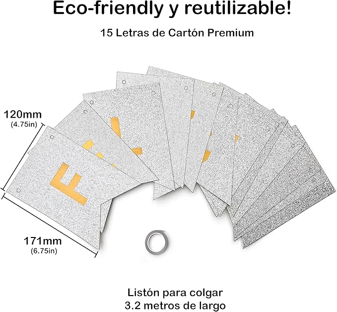 Banner Feliz Cumpleaños Glitter Plata con Letras en Dorado