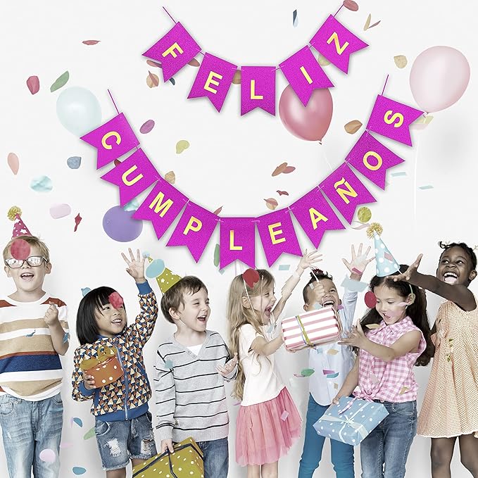 Banner Feliz Cumpleaños Glitter Morado con Letras en Dorado