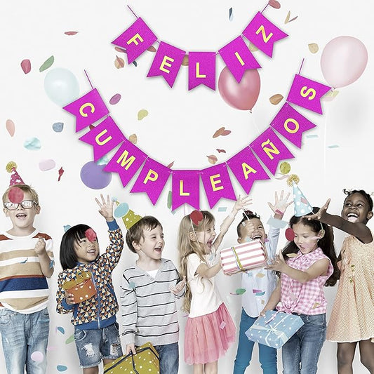 Banner Feliz Cumpleaños Glitter Morado con Letras en Dorado