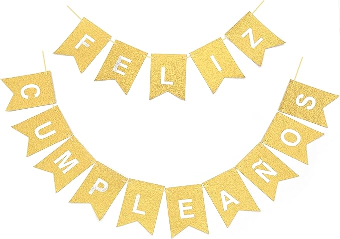 Banner Feliz Cumpleaños Glitter Dorado con Letras en Plata