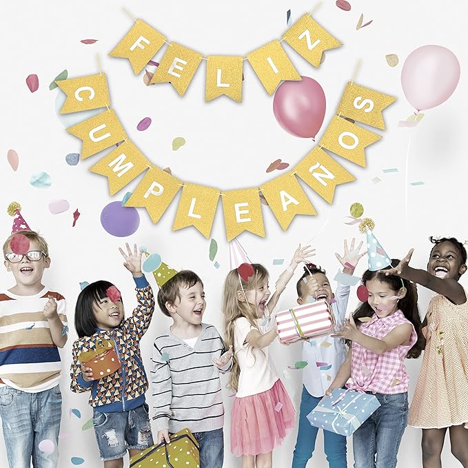 Banner Feliz Cumpleaños Glitter Dorado con Letras en Plata