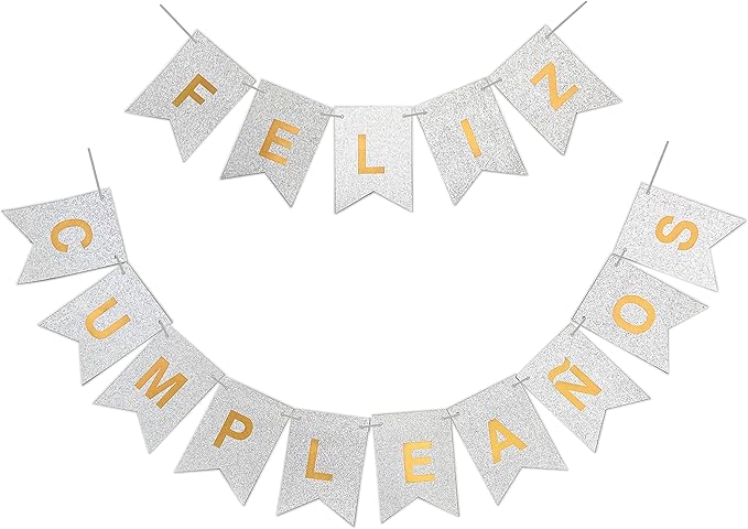 Banner Feliz Cumpleaños Glitter Plata con Letras en Dorado