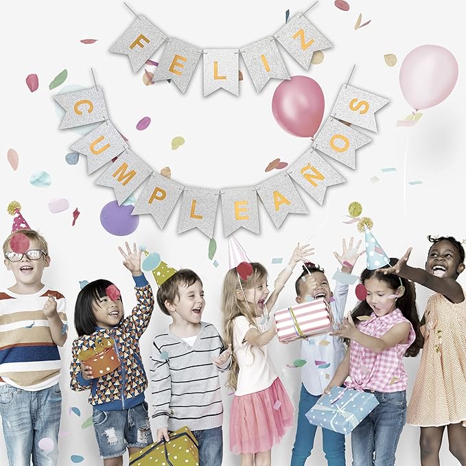 Banner Feliz Cumpleaños Glitter Plata con Letras en Dorado