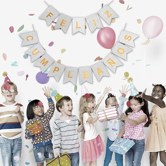 Banner Feliz Cumpleaños Glitter Plata con Letras en Dorado
