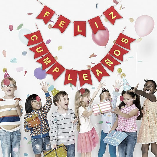 Banner Feliz Cumpleaños Glitter Rojo con Letras en Dorado